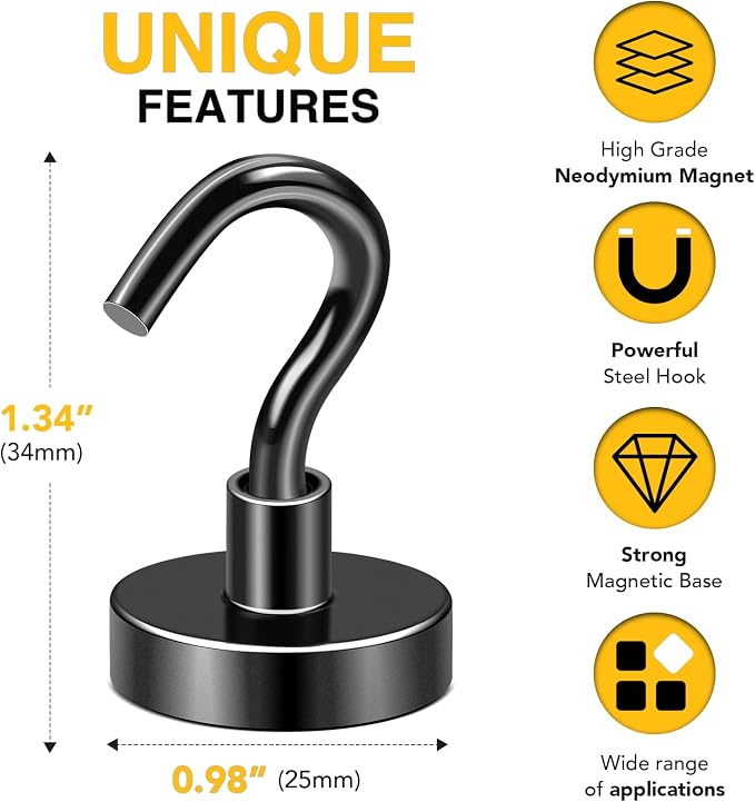 DIYMAG Magnetic Hooks, 85lbs 10pcs Cruise Cabin Essentials Heavy Duty Black | Strong Neodymium Rare Earth Magnets, for Kitchen, Classroom, Beach, Cruise Cabins, Refrigerator, Hanging Key Clothes Wall Hat