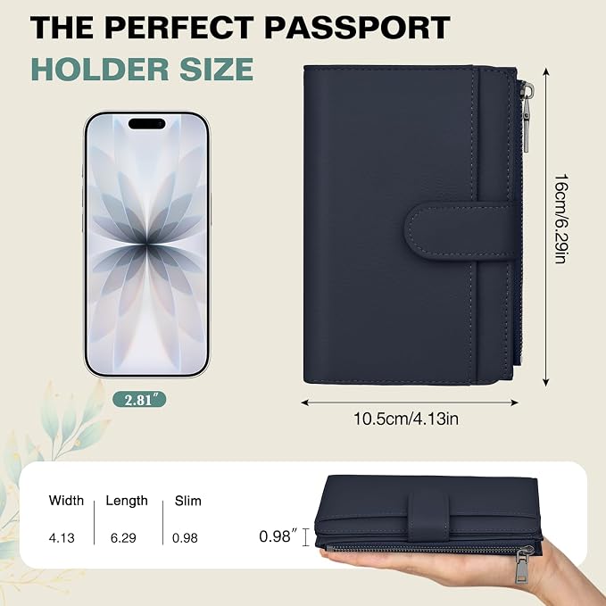 RFID Passport Holder for Travel, Leather Passport Wallet Cover with Airtag | with Airtag Slot, Card Cash Holders, Zippered Coins Pocket, for Women/Men, Gift Box, Travel Essentials, 4.1"L x 1"W x 6.3"H