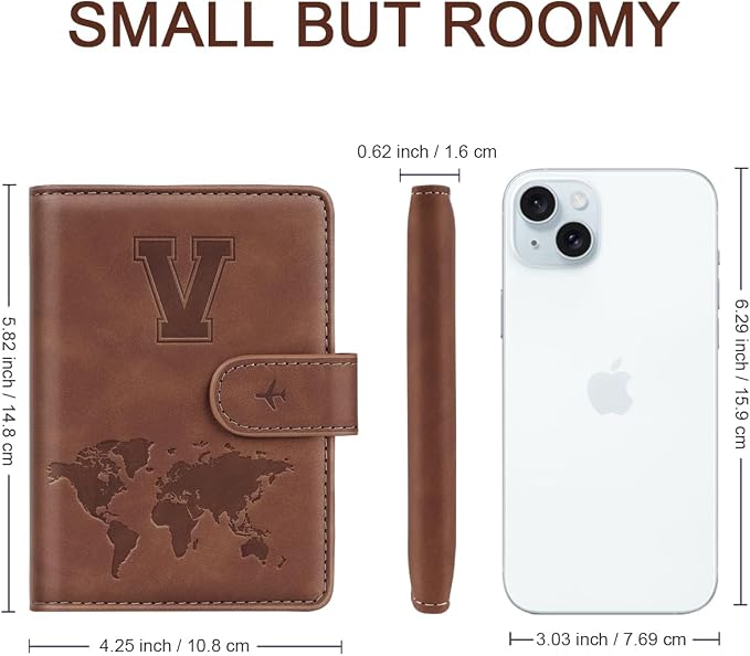 Passport Holder Wallet Cover Personalized Initial Travel Essentials | Embossed Letter A-Z Design, Travel Wallets, RFID Blocking, Passport Book Holders, Women Men, Personalized Gifts, Brown-W