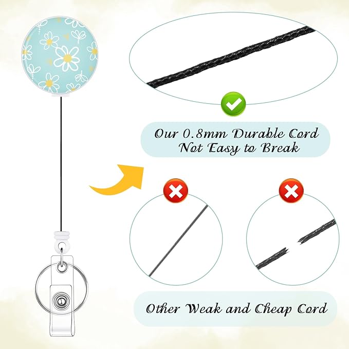 BESARME 3 Pack Retractable Badge Reels with Key Ring, Daisy | Cute daisy design, 22.8 in retractable cord, sturdy clip, for ID badges and keys, nurse teacher office use