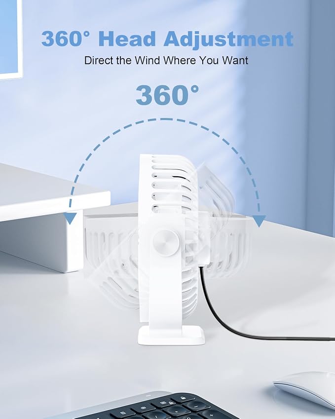 TriPole Desk Fan USB Powered Small Portable, 360°Rotation Mini Personal Fan | White, 3 Speeds Plug In USB Fan, Desk Fans Small Quiet, 4.9ft Cable, Strong Breeze for Desktop Bedroom Office Table Travel