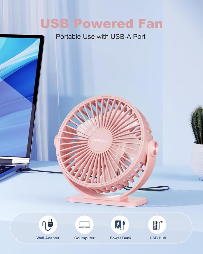TriPole USB Desk Fan Small Portable, 360° Rotation Quiet Mini Personal Fan | Pink, 3 Speeds Plug In USB Fan, Desk Fans Small Quiet, 4.9ft Cable, Strong Breeze for Desktop Bedroom Office Table Travel