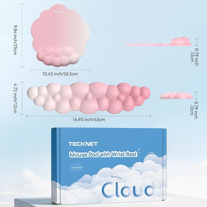 TECKNET Cloud Wrist Rest & Ergonomic Mouse Pad, Cloud Keyboard Wrist Rest with Non-Slip Base, PU Leather Memory Foam Wrist Pad for Keyboard and Mouse, Pain Relief for Typing, Gaming, Pink