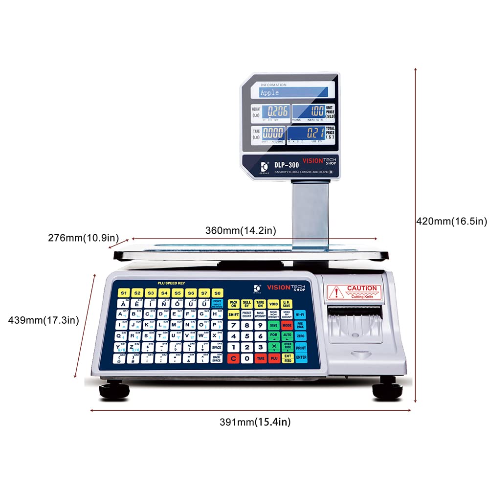 VisionTechShop DLP-300 Label Printing Scale Pole Display, 30/60lbs Capacity, 0.01/0.02lbs, NTEP Legal for Trade with a Free 1 case CAS LST-8040 UPC/Safe Handling Label, 58 x 60 mm