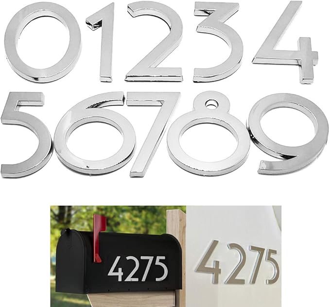 20 Pack Mailbox Numbers 0-9, 2.76 Inch High, Door Address Numbers Stickers for Apartment, House, Room, Office, Cars, Trucks, Silver Plating Process Number Sign