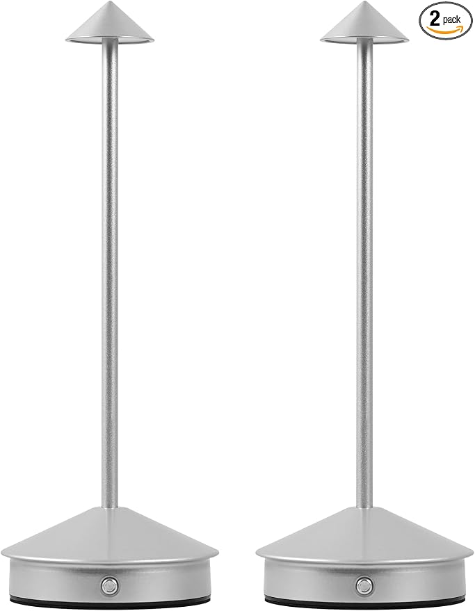 LED Rechargeable Cordless Table Lamps Silver | 2 Pcs Portable Modern USB Battery Operated Lights,Waterproof Touch Dimmable Desk Lamp,for Patio,Restaurant,Bar,Dining Home