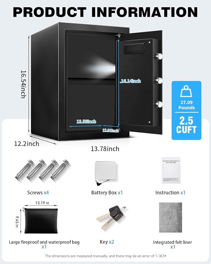 16.54" Tall Large Fire proof Safe Box with Fireproof Waterproof Bag | Steel Security Personal Fire Safe, Digital Keypad, Emergency Battery Box, Combination Lock, Safety Box For Home Office