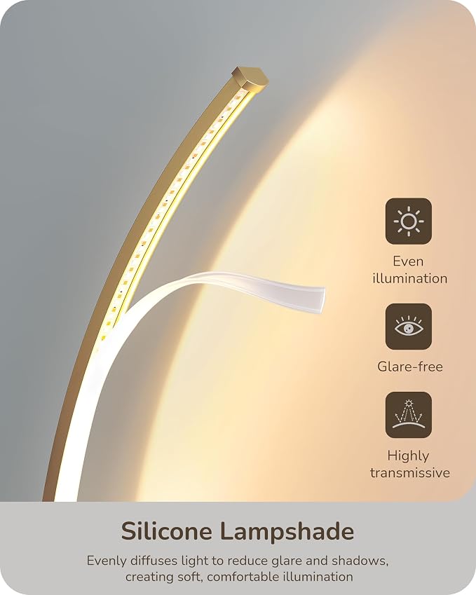 EDISHINE Curved LED Table Lamps for Living Room, Modern Bedside Lamp, Gold | 3 Color Temperature & Stepless Dimming, Aluminum & Iron, Silicone Lampshade, Ideal for Living Room, Office