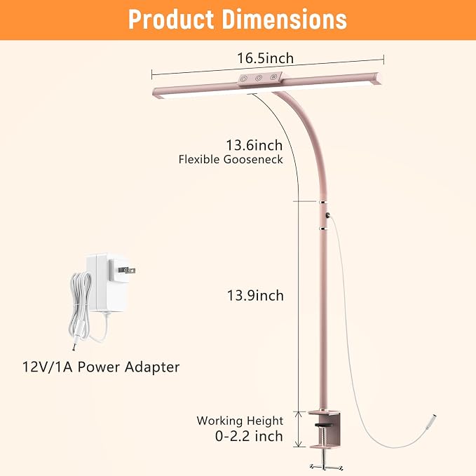 LED Desk Lamp for Home Office, Flexible Gooseneck Desk Lamp with Clamp, 5 Color Touch Control Stepless Dimming Adjustable Eye-Caring Desk Light with Adapter for Reading, Study, Workbench (Pink)