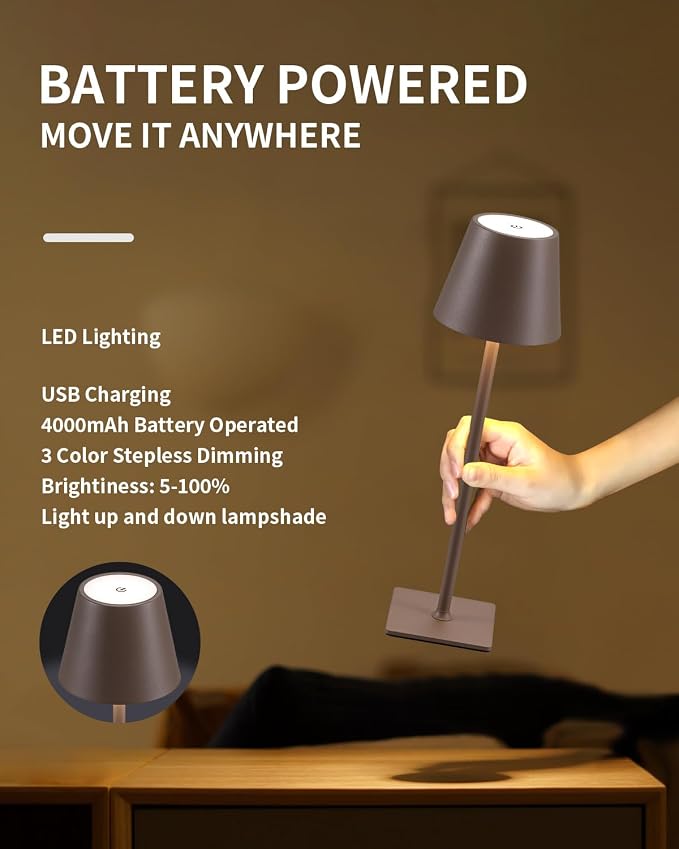 KDG 2 Pack Cordless Brown Table Lamps, Rechargeable Portable LED Desk Lamps | 4000mAh Battery Operated 3 Color Stepless Dimming Up for Restaurant, Bedroom, Outdoor Party, Camping, Coffee Shop, Nightlight