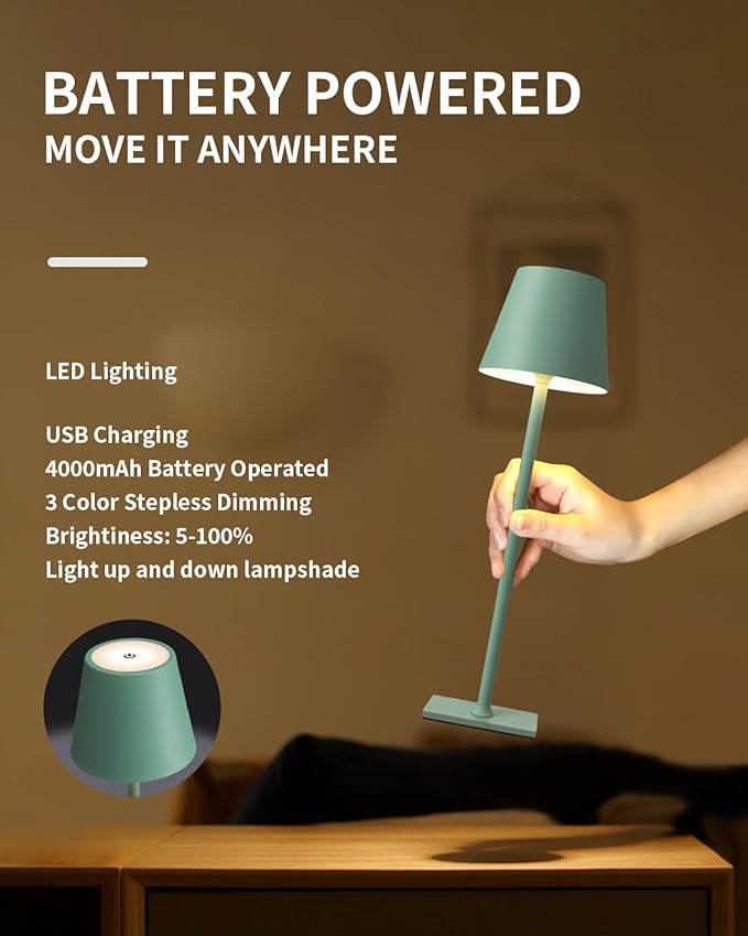 KDG 2 Pack Cordless Green Table Lamps, Rechargeable Portable LED Desk Lamps | 4000mAh Battery Operated 3 Color Stepless Dimming Up for Restaurant, Bedroom, Outdoor Party, Camping, Coffee Shop, Nightlight
