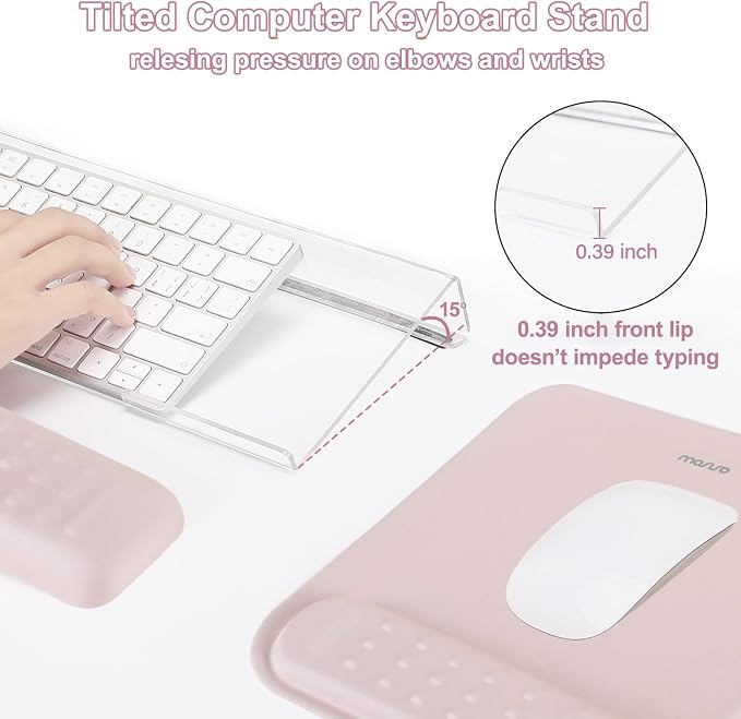 MOSISO Keyboard Stand&Wrist Rest Support for Keyboard &Mouse Pad Set | Ergonomic Massage Wrist Rest Set, Easy Typing Working Acrylic Clear Stand for Office Home, Pink