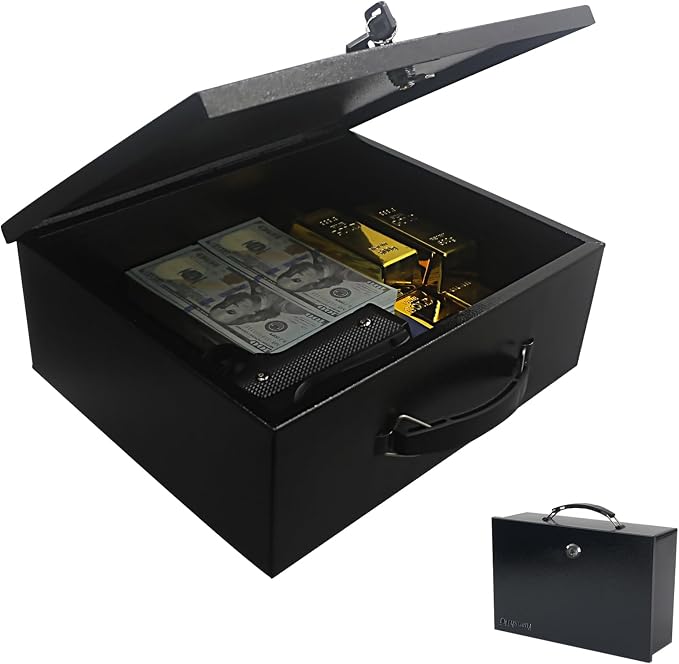 Yuanshikj Fireproof Key Lock Steel Security Safe Box, 0.38 Cu Ft, Black | Portable,Fire Resistance,13.2" W x 11" D x 4.5" H,With Carrying Handle, for Personal Items, Documents,Cash,Jewelry, Money