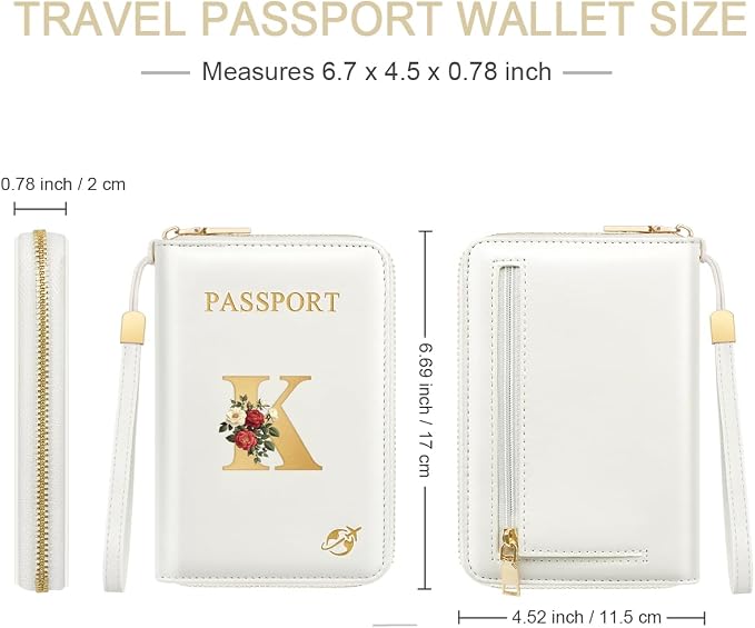 Passport Holder for Travel Personalized Wallet with Wristlet Women | All-in-One Passport Cover, RFID Blocking, Back Coin Pocket, Paper Money Slot, Zipper Closure, Roses Initial Letter, White K