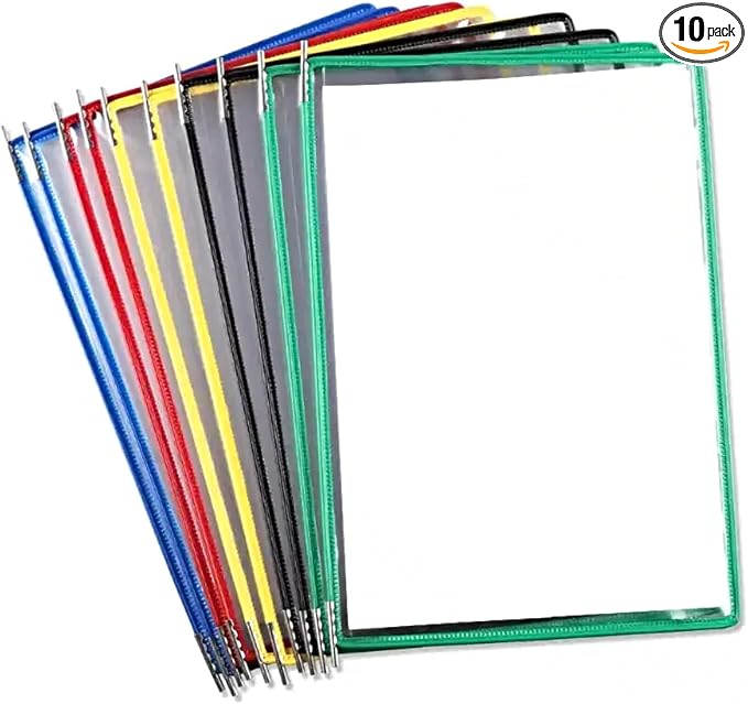 Tarifold Replacement Pivoting Pockets, Letter Size, Assorted, 10 Pack | 10 non-glare wire-reinforced PVC pockets hold 20 letter-size sheets, snap-on index tabs included, top-loading