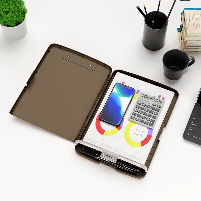 Hongri Clipboard with Storage with Pencil Case, 8.5 x 11 Storage Clip Board | High Capacity Organization Box for A4 Letter Legal Paper, Heavy Duty Folio & Side-Opening for Nurses, Teachers, Brown