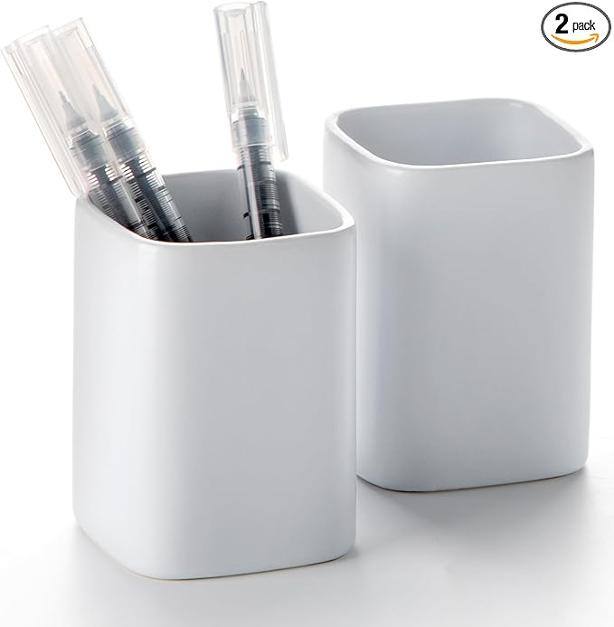 Pen Holder, 2 Pack Pencil Holder for Desk,Ceramic Pencil Cup Desk Organizer, Makeup Brush Holder Cute, Stationery Accessories for Office, School, Home (Matte white)