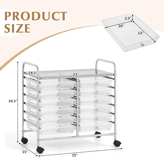 COSTWAY 12-Drawer Rolling Storage Cart, Utility Storage Organizer Cart | For Tools, Scrapbook, Paper, Craft, Multipurpose Art Supply Organizer on Wheels for Home Office School, Teacher, Clear