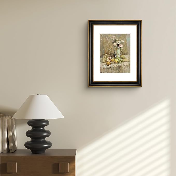 Golden State Art, 11x14 Photo Frame With Mat for Pictures 8x10 and Real Glass (Black With Antique Gold Trim - White Color Mat, 1.25 Inch Frame Border)