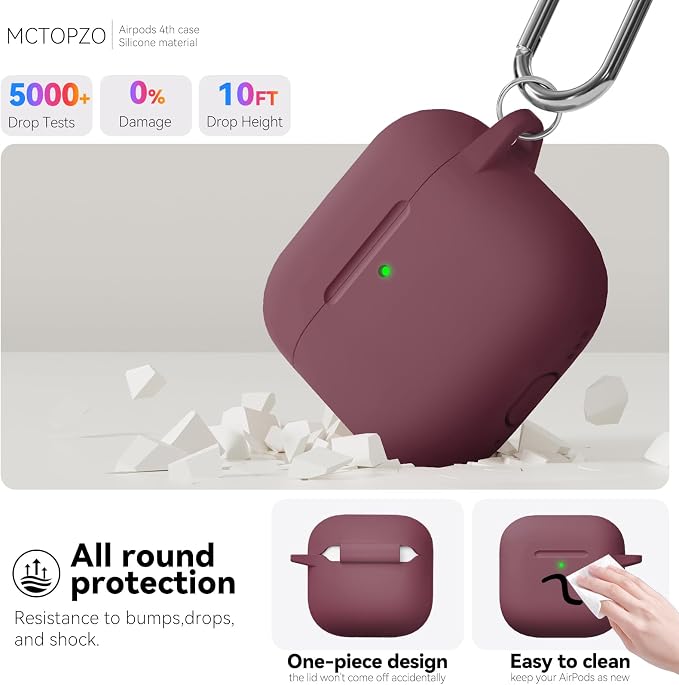 for AirPods 4 Case 2024 with Cleaner Kit & Keychain-Wine Red | Silicone Protective Cover for Apple AirPods 4th Generation Case,for Women Men,One-Piece Design,Shockproof,Dust Proof