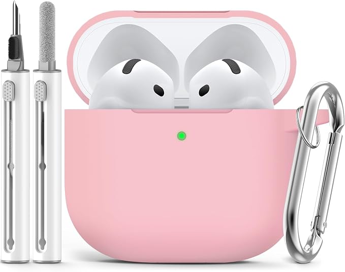Ljusmicker for AirPods 4 Case 2024 with Cleaner Kit,Soft Silicone Protective Cover for Apple AirPods 4th Generation Cases for Women Men,for AirPod 4 Case Accessories with Keychain-Pink