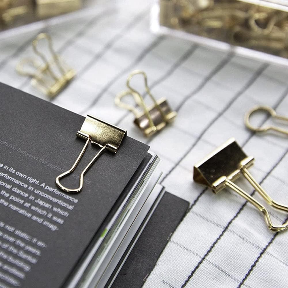 Paper Clips and Binder Clips Set, Metal Assorted Sized Binders with Push Pins, Cute Office Supplies for Desk, Desk Accessories (Gold Set of 3)