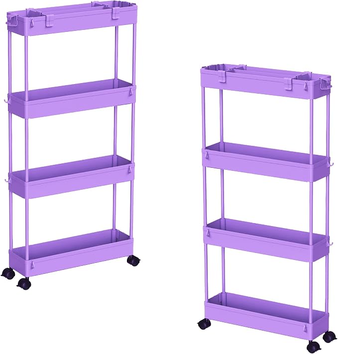 2-piece Set Slim Storage Cart 3 Tier,Bathroom Organizer Rolling Utility,Mobile Shelving Unit Slide Out for Office, Kitchen, Laundry Room & Narrow Places