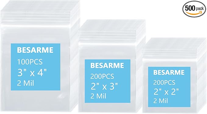500 PCS Small Plastic Bags for Jewelry 2x2 2x3 3x4 Inch Mini Clear Plastic Poly Bag 2 Mil with Resealable Lock Seal Zipper for Storage Gifts Candy Screws