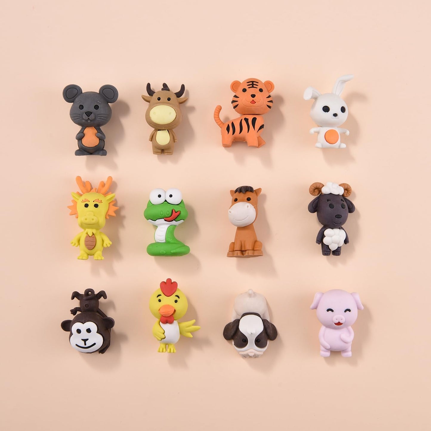 12 Pack Animal Erasers for Kids, 3D Puzzle Eraser for Boys Girls, Chinese Zodiac Erasers for School Supplies Prize Gifts Party Favors