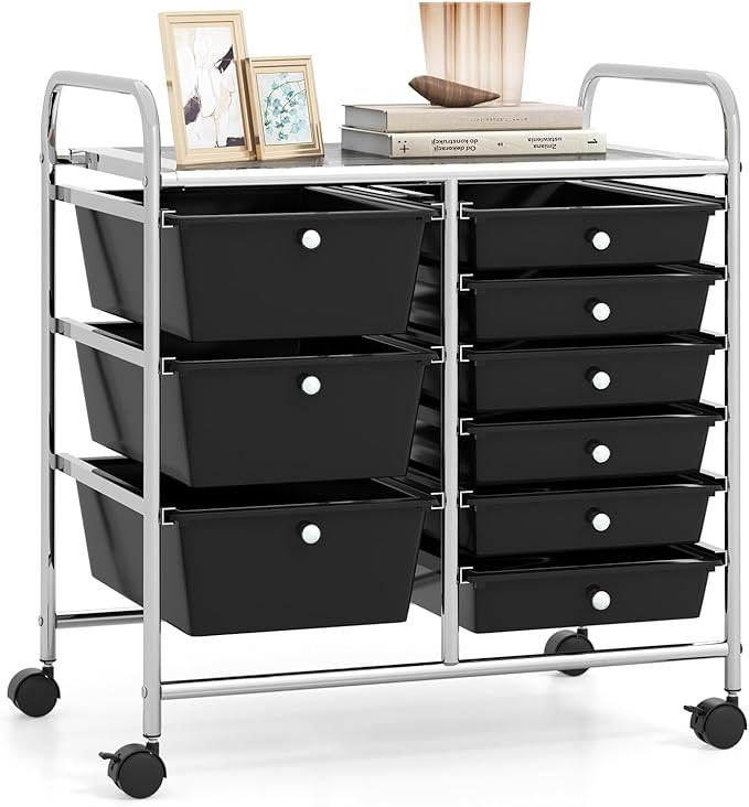 RELAX4LIFE 9 Drawer Rolling Storage Cart - Mobile Drawer Carts for Craft Art Supply Paper Salon, Utility Cart on Wheels for Classroom Teacher School Office, Rolling Cart with Drawers (Black)