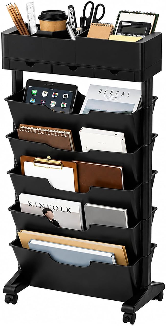 5 Tier Rolling Book Cart Multi-Functional Movable Storage Bookshelves | rolling bookshelf,Movable Storage Bookshelves with Lockable Wheels for Study Office Library Classroom,