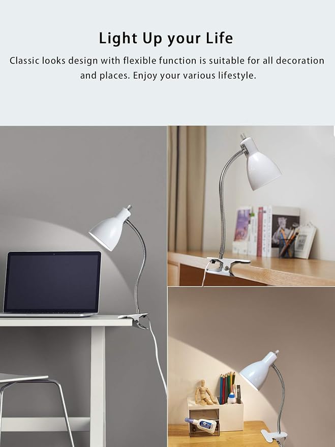 Desk lamp Eye-Caring Table Lamps, 360°Rotation Gooseneck Clip on Lamp Reading Light Portable Reading Book Light Clamp Study Desk Lamps for Bedroom and Office Home Lighting (White)