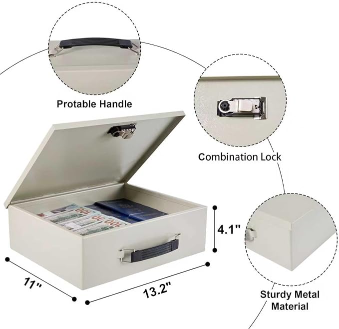 Fireproof Document Lock Box, Large Safe Storage Box for Valuables,Fire Resistance Security Chest, Fireproof Box for Documents,Passport, Cash 13.2''x 11''x4.1", White
