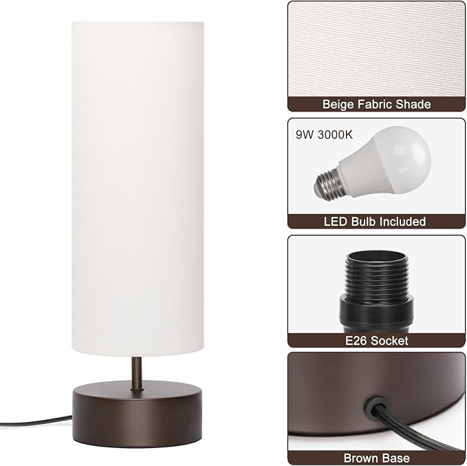 3 Way Dimmable Touch Control Table Lamp, Bedside Table Lamp with Dark Brown Base, Modern Nightstand Lamp with Beige Shade, Simple Night Light for Bedroom Living Room Home Office, 9W LED Bulb Included
