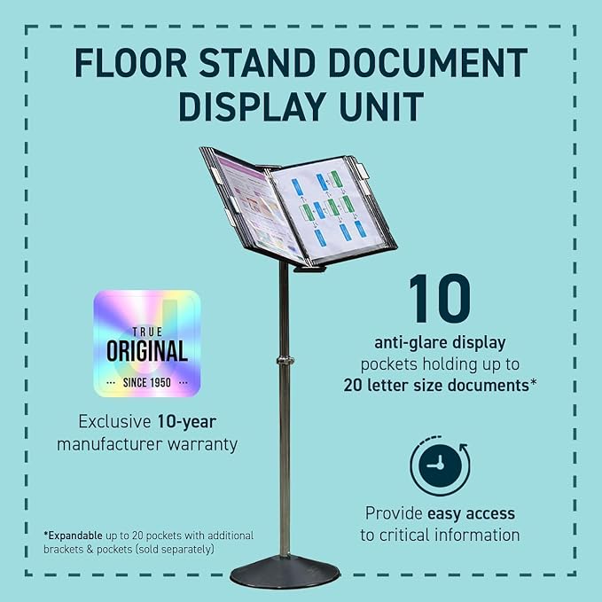Tarifold Adjustable Floor Reference Display Stand, 10 Pockets, Blue | 10 double-sided pockets hold 20 letter-size sheets, adjustable floor stand, durable metal bracket, easy to assemble