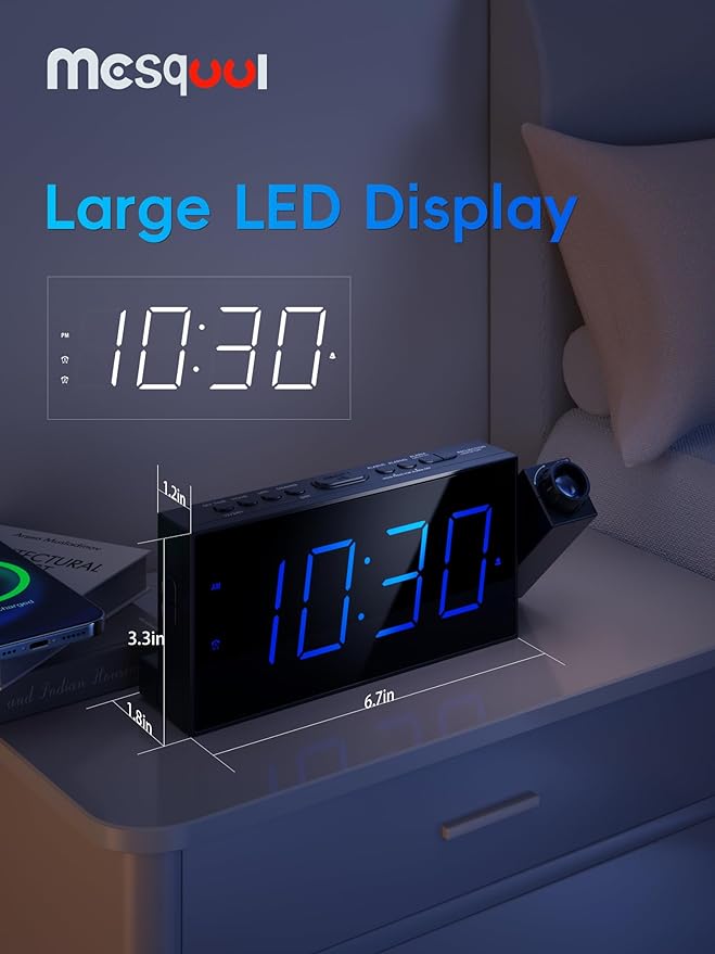 Mesqool Projection Alarm Clock with Bed Shaker, Dual Alarms, 180° Projector, 5-Level Dimmer, USB Phone Charger, Battery Backup, Loud Vibrating Alarm Clock for Heavy Sleepers, Snooze, DST