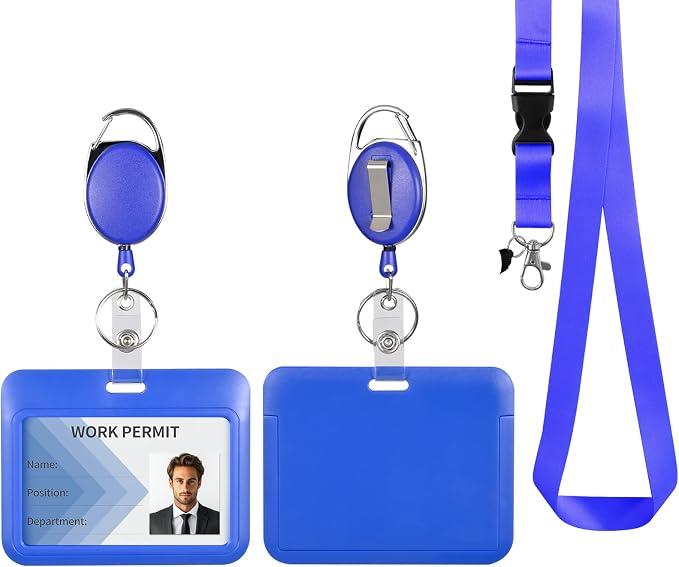 Blue Horizontal ID Badge Holder with Lanyard, Retractable Heavy Duty Oval Badge Reels,Detachable Keychain, for Nurse Officer Teacher Security Staff Women Men