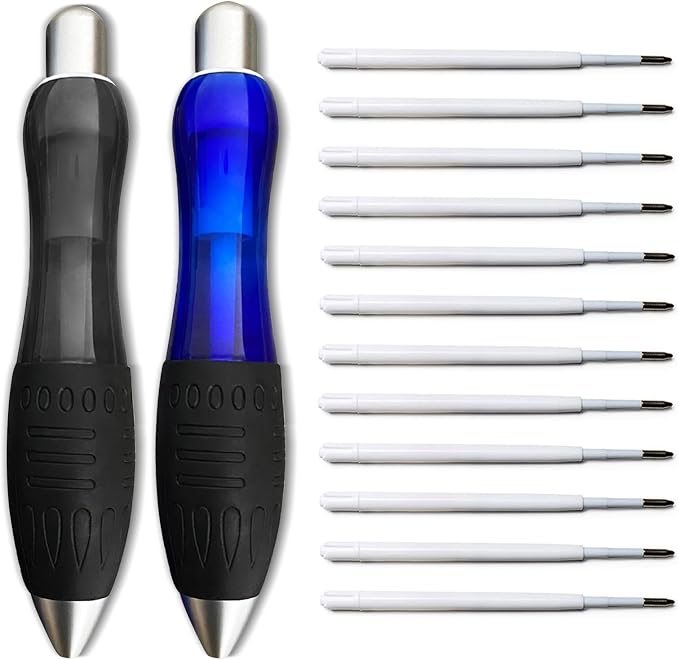 14pcs Big Fat Pens Aids Writing - 2 Pens + 6 Black Refills + 6 Blue Refills for Tremor, Arthritis, Parkinson, Handicap, Carpal Tunnel