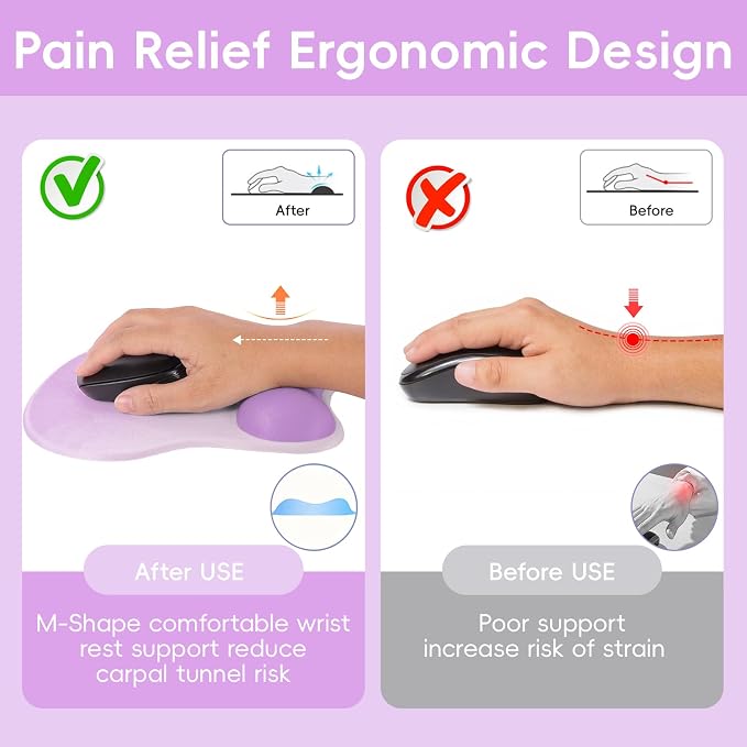 Ergonomic Mouse Pad,Non Slip Mousepad Wrist Rest Support for Office, Computer, Laptop & Mac(A-Purple)