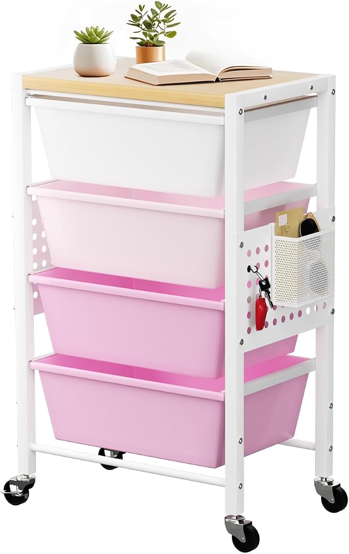 Rolling Cart with 4 Drawers, Plastic Drawer Storage Carts with Wheels & Wooden Tabletop, Metal Utility Cart with Pegboards, Office Living Room Classroom Craft Organization and Storage, Bright Pink