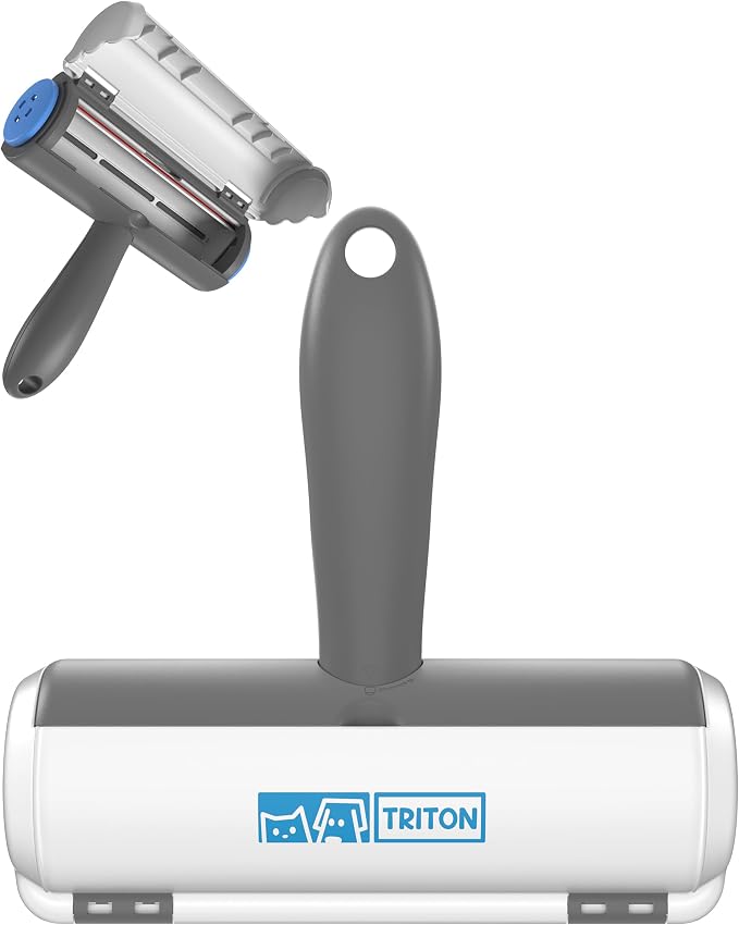 Triton Pet Hair Removal Tool w/Fur Trapping Compartment, Gray/White | 60% Smaller Storage Size, Detachable Handle, Reusable Shedding Roller, Cleaner, For Cat and Dog Hair, Couch Brush, For Car