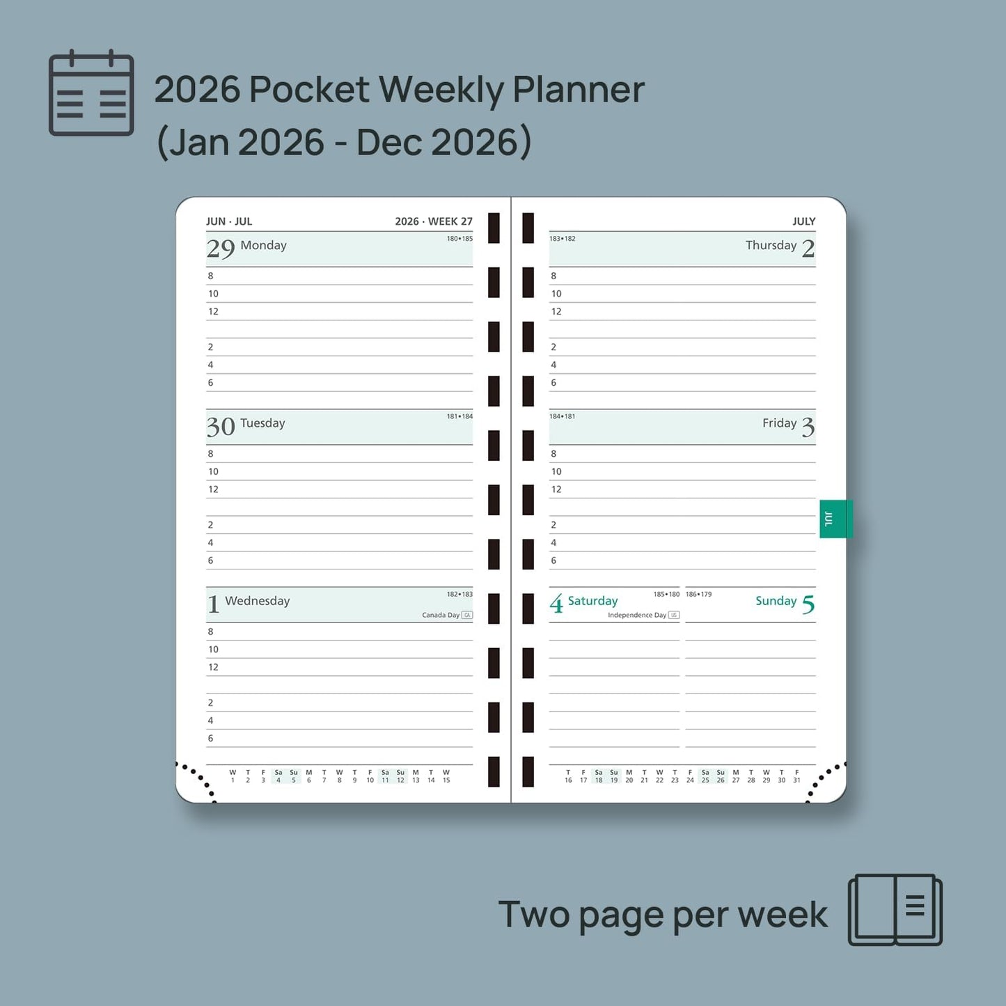 POPRUN 2026 Pocket Planner (Slim Size 3.5" x 6.5") Weekly and Monthly Calendar for Purse, with Hourly Time Slots, 100GSM Thick Paper, Spiral Soft Cover, Pen Holder - Pacific Green
