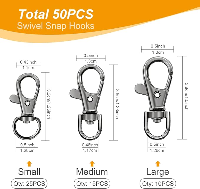 100PCS Swivel Snap Hooks with Key Rings, Premium Metal Swivel Lobster Claw Clasps Assorted Sizes (Large, Medium, Small) for Keychain Clip Lanyard, Jewelry Making, Crafts, Dark Grey