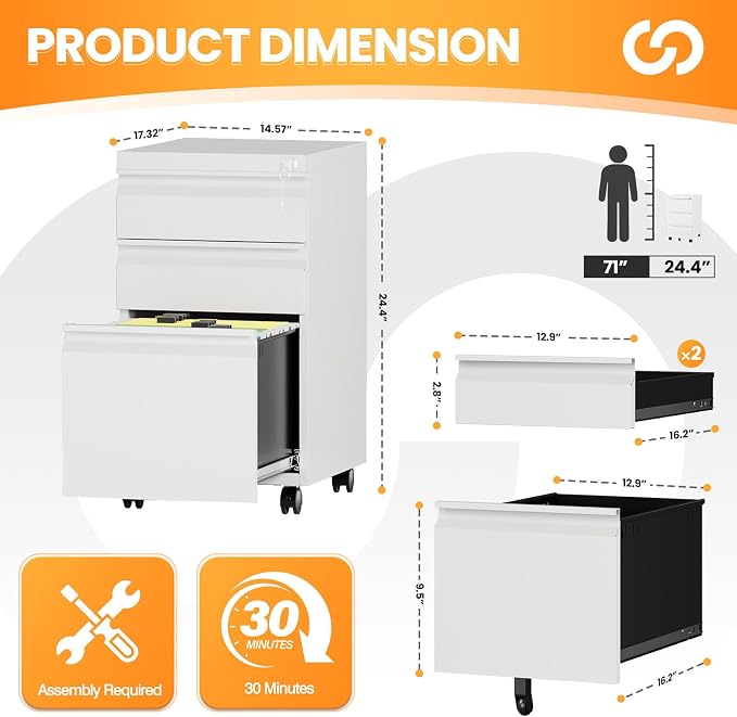 3 Drawer File Cabinet, Fully Assembled Mobile File Cabinets with Lock for Home Office, Metal Rolling Filing Caninet on Wheels, Three Drawer Under Desk Cabnet for Letter/Legal / A4 - White