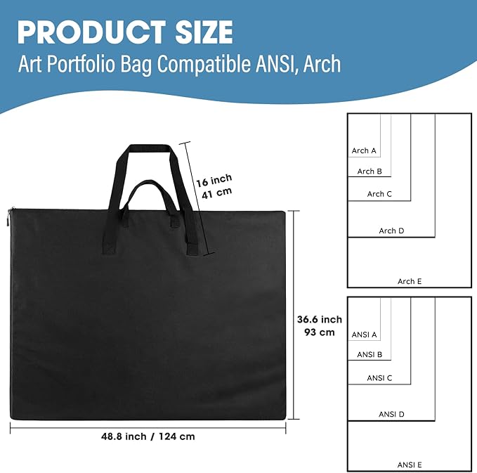 ZKOO Light Weight Art Portfolio Bag, 36 x 48 Extra Large Art Portfolio Case Light Weight Waterproof Poster, Studio Collection Tote for Artwork, Poster, Sketch Drawing, Canvas (36"*48"-Black)