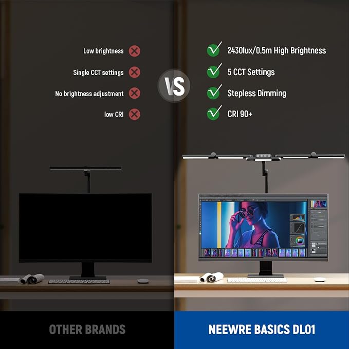 NEEWER Basics 32.5" Clip On Desktop LED Light for Home Office, 23W LED Dimmable Architect Lamp with Table Desk Clamp, 5 Light Bars, Computer Drafting Video Conference Atmosphere Lighting, DL01