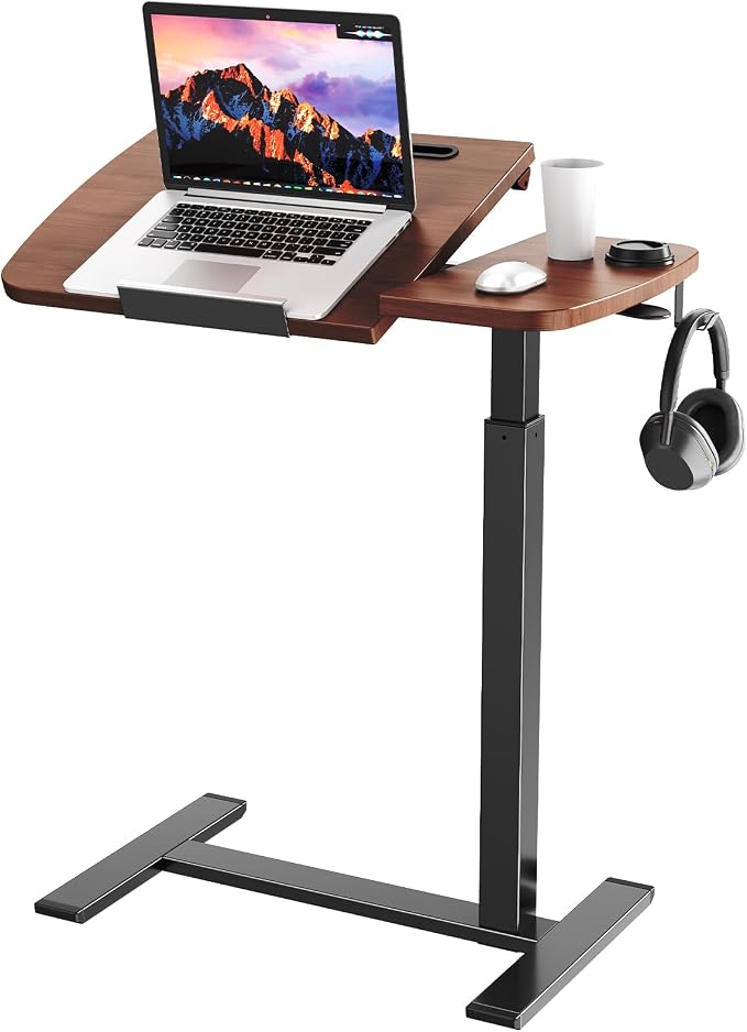 Overbed Table with Wheels, Pneumatic Height and Tilting Desktop | Top Tilts 0-60° with Anti-Slip Stops, Hook, Capacity 66 lbs, 1.18 in Low-Profile Base Slides Easily Under Beds and Sofa