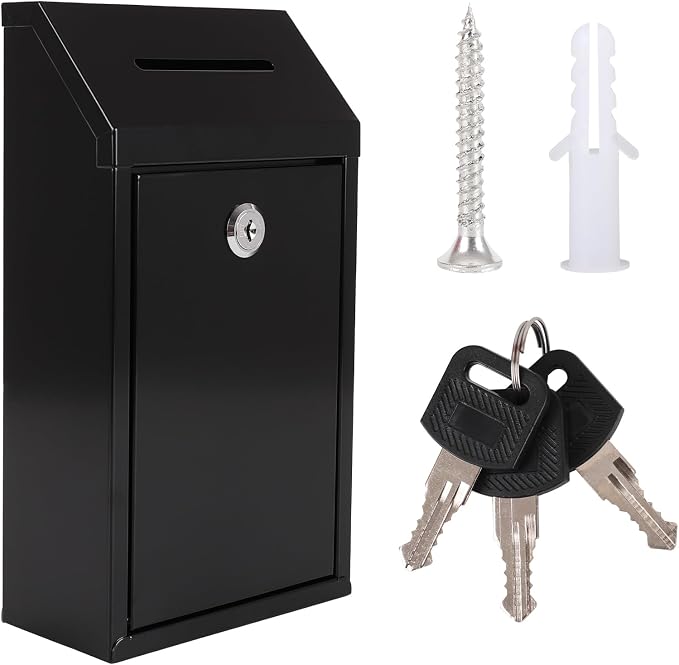 Metal Donation Box with Lock Ballot Box Drop Box with Lock Suggestion Box with Slot and Locks Metal Locks Boxs Comment Box Voting Box Key Drop Box for Home Office(Black,10.24 x 5.71 x 2.95 Inch)