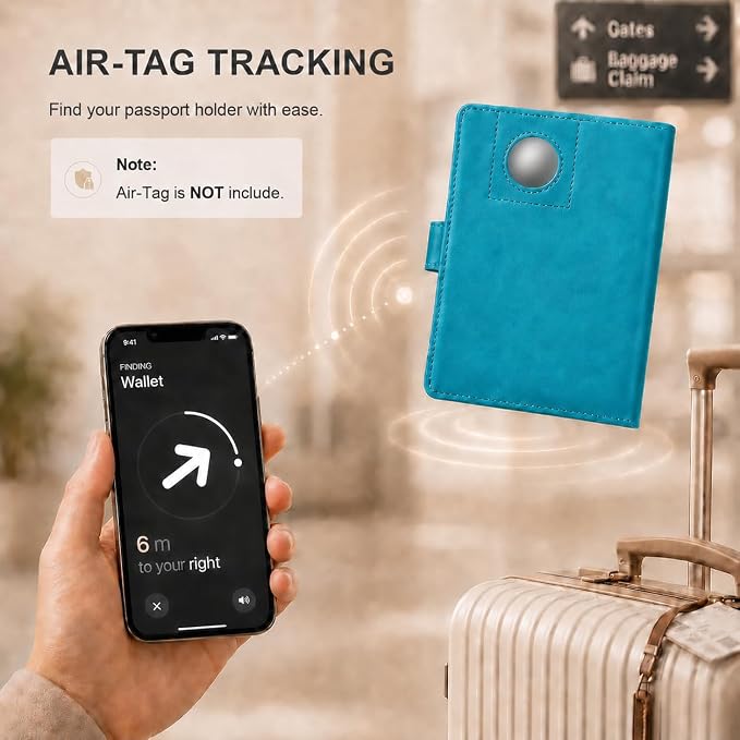 Passport Holder with Air-Tag Slot RFID Blocking Leather Travel Wallet | Multiple Card Compartments, SIM Card Access, Compact Carry Design, Flight Ready Essentials for Men & Women, Blue