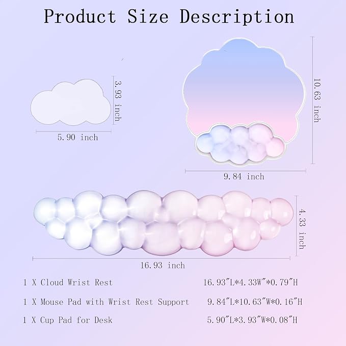 Gel Cloud Wrist Rest Keyboard Clear Mouse Pad with Wrist Rest Set 3PCS Ergonomic Acrylic Coaster Non-Slip Base Cute Transparent Cool Wrist Pad for Keyboard and Mouse Computer Gradient Pink Blue